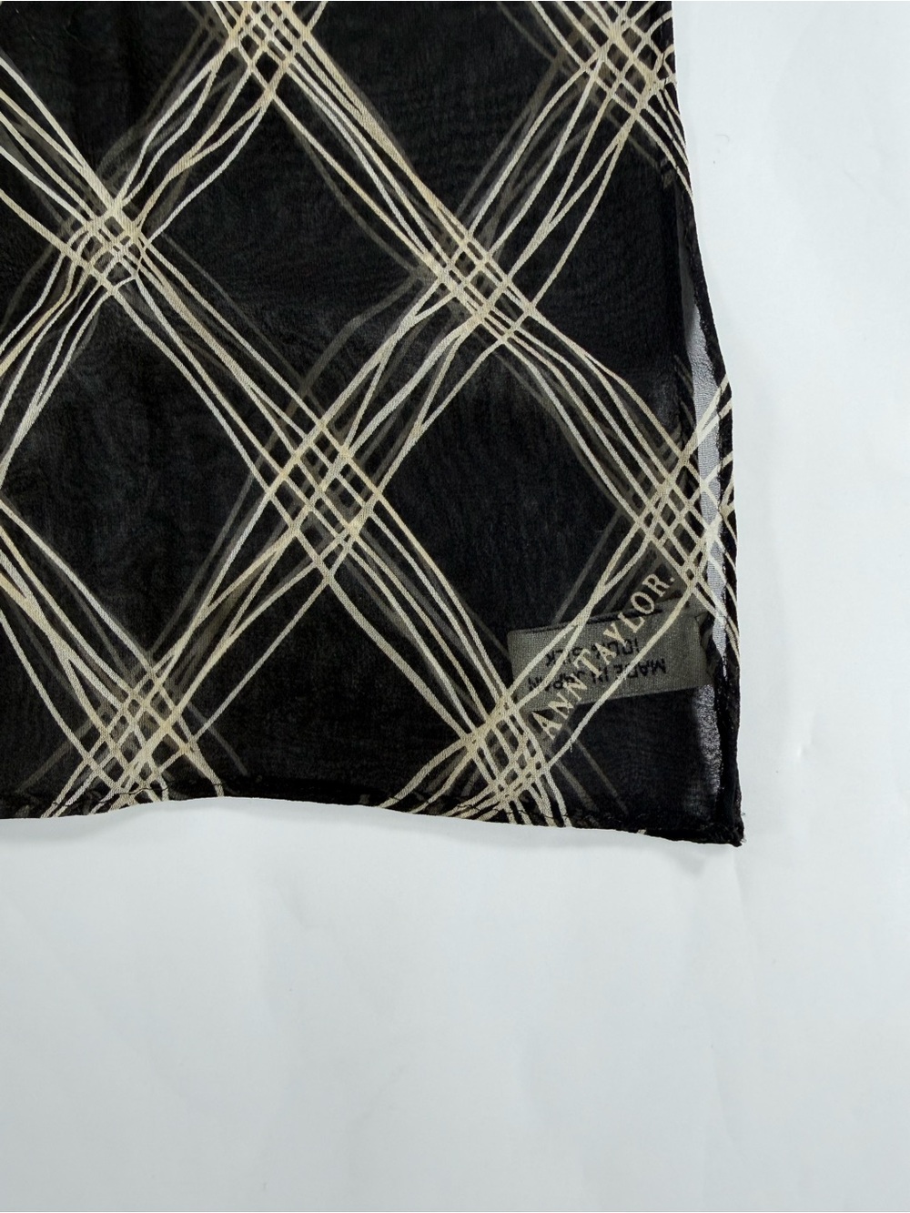 Ann Taylor 100% Silk Sheer Scarf Black Ivory Abstract Plaid 42x15 Made in Japan - Picture 8 of 8
